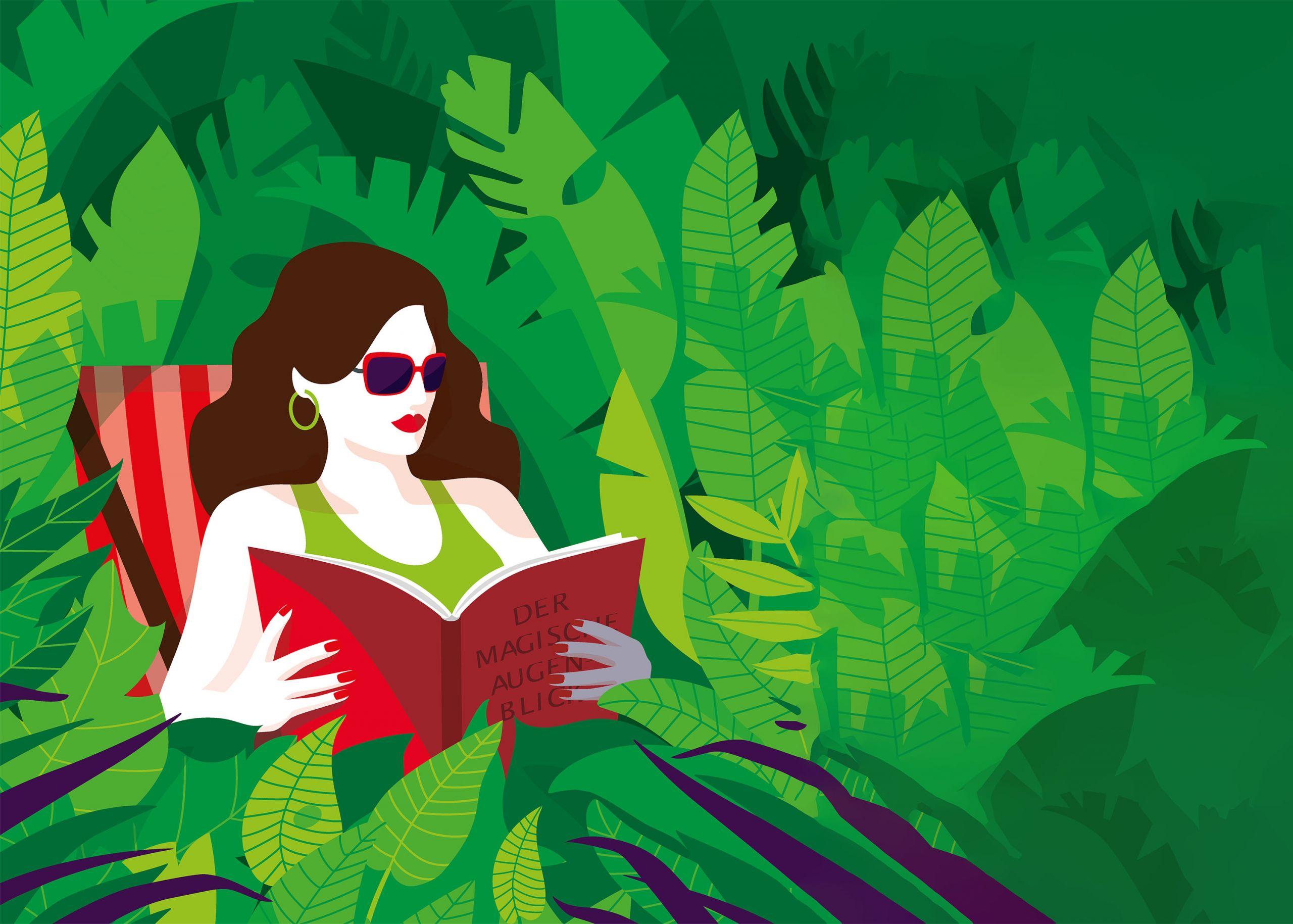 Sommermotiv: Frau mit Sonnenbrille liest ein Buch im Grünen