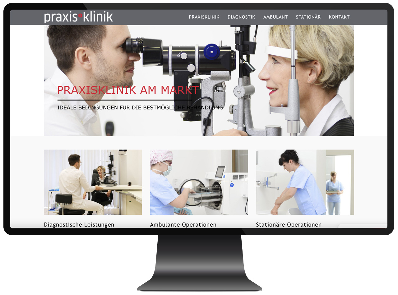 Mac Rechner mit Startseite von Praxis-Klinik-Markt Webseite