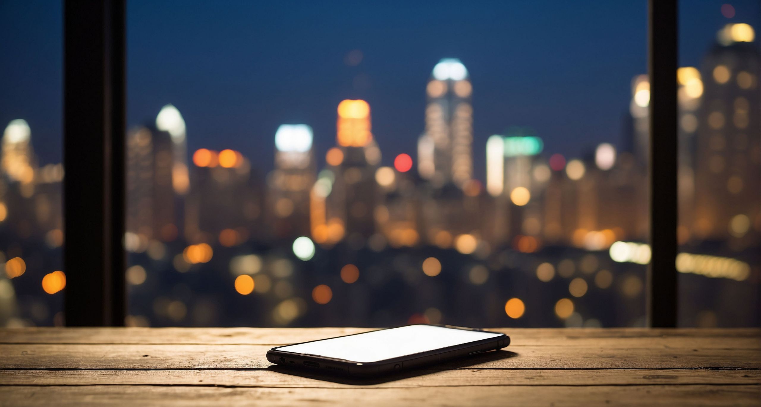 Smartphone auf einem Holztisch vor einer Skyline in der Nacht